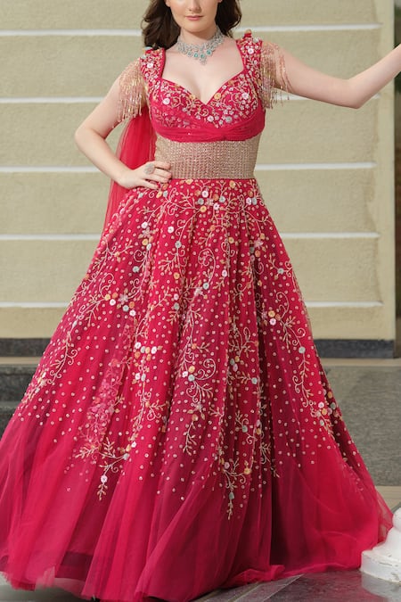 Shop_Tamaraa By Tahani_Pink Silk, Tulle Sequins, Crystals, Cut Work Sweetheart Dana And Embroidered Gown _Online_at_Aza_Fashions