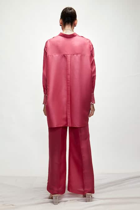 Shop Ranian Pink Silk Pearls Shawl Neck Button Down Shirt And Pant Set at Aza Fashions Shop_Ranian_Pink Silk Pearls Shawl Neck Button Down Shirt And Pant Set _at_Aza_Fashions