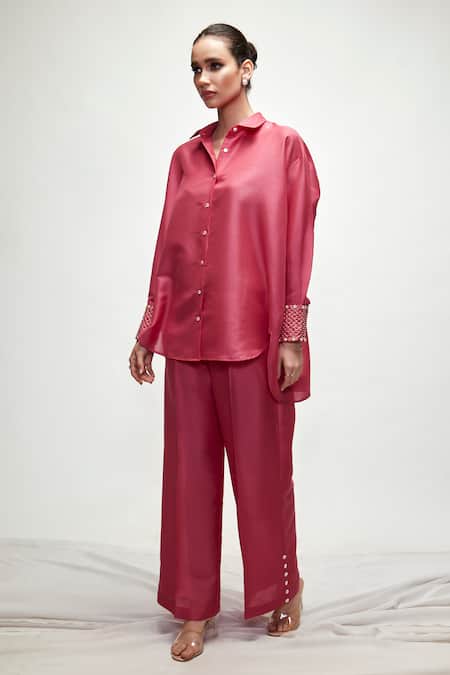 Ranian Pink Silk Pearls Shawl Neck Button Down Shirt And Pant Set Online at Aza Fashions Ranian_Pink Silk Pearls Shawl Neck Button Down Shirt And Pant Set _Online_at_Aza_Fashions