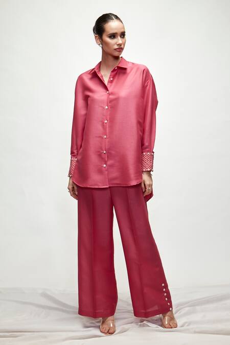 Buy Ranian Pink Silk Pearls Shawl Neck Button Down Shirt And Pant Set Online at Aza Fashions Buy_Ranian_Pink Silk Pearls Shawl Neck Button Down Shirt And Pant Set _Online_at_Aza_Fashions