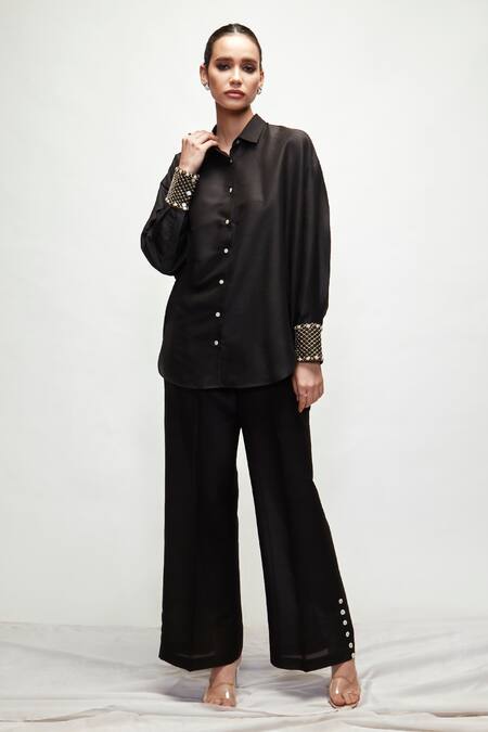 Ranian Black Silk Pearls Shawl Neck Button Down Asymmetric Shirt And Pant Set Online at Aza Fashions Ranian_Black Silk Pearls Shawl Neck Button Down Asymmetric Shirt And Pant Set _Online_at_Aza_Fashions