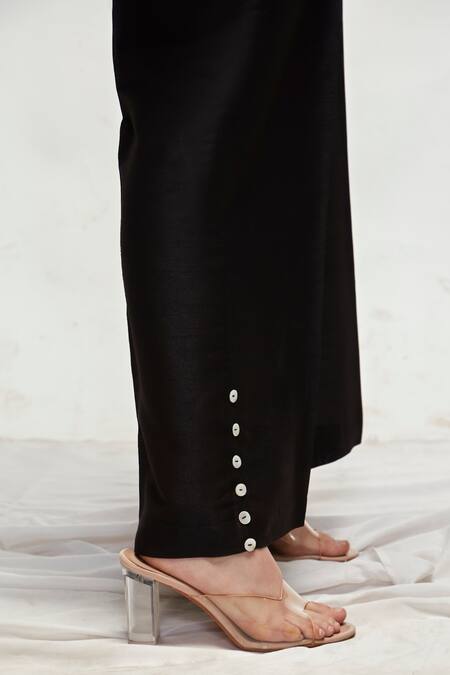 Buy Ranian Black Silk Pearls Shawl Neck Button Down Asymmetric Shirt And Pant Set Online at Aza Fashions Buy_Ranian_Black Silk Pearls Shawl Neck Button Down Asymmetric Shirt And Pant Set _Online_at_Aza_Fashions