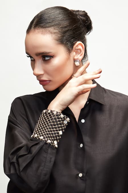 Ranian Black Silk Pearls Shawl Neck Button Down Asymmetric Shirt And Pant Set at Aza Fashions Ranian_Black Silk Pearls Shawl Neck Button Down Asymmetric Shirt And Pant Set _at_Aza_Fashions