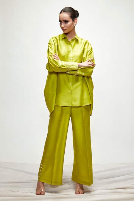Ranian Green Silk Pearls Shawl Neck Asymmetric Button Down Shirt And Pant Set Online at Aza Fashions Ranian_Green Silk Pearls Shawl Neck Asymmetric Button Down Shirt And Pant Set _Online_at_Aza_Fashions