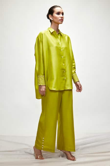 Buy Ranian Green Silk Pearls Shawl Neck Asymmetric Button Down Shirt And Pant Set Online at Aza Fashions Buy_Ranian_Green Silk Pearls Shawl Neck Asymmetric Button Down Shirt And Pant Set _Online_at_Aza_Fashions