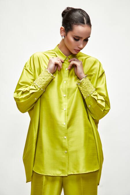 Ranian Green Silk Pearls Shawl Neck Asymmetric Button Down Shirt And Pant Set at Aza Fashions Ranian_Green Silk Pearls Shawl Neck Asymmetric Button Down Shirt And Pant Set _at_Aza_Fashions