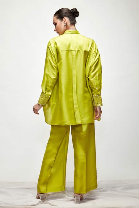 Shop Ranian Green Silk Pearls Shawl Neck Asymmetric Button Down Shirt And Pant Set at Aza Fashions Shop_Ranian_Green Silk Pearls Shawl Neck Asymmetric Button Down Shirt And Pant Set _at_Aza_Fashions