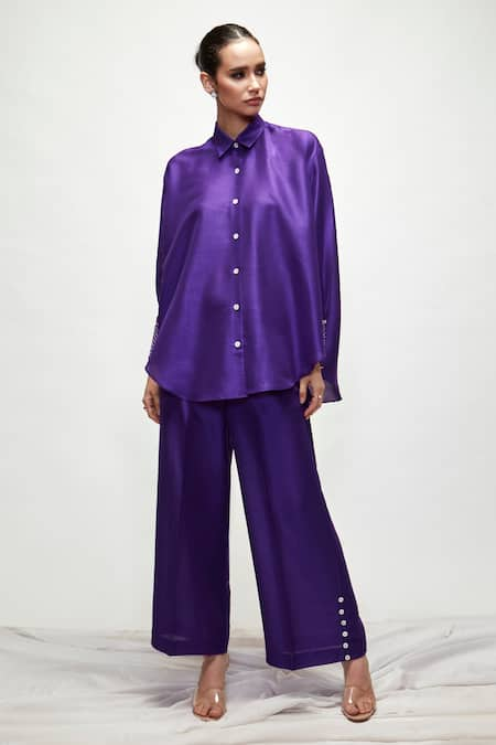 Ranian Purple Silk Blend Embroidered Pearl Shirt Collar Asymmetric And Pant Set 