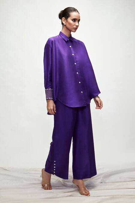 Buy_Ranian_Purple , Satin Pearls Shawl Neck Asymmetric Shirt And Pant Set _Online_at_Aza_Fashions
