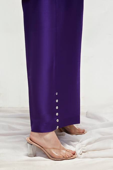 Shop_Ranian_Purple , Satin Pearls Shawl Neck Asymmetric Shirt And Pant Set _Online_at_Aza_Fashions