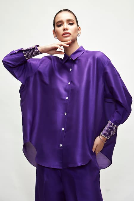 Ranian_Purple , Satin Pearls Shawl Neck Asymmetric Shirt And Pant Set _at_Aza_Fashions