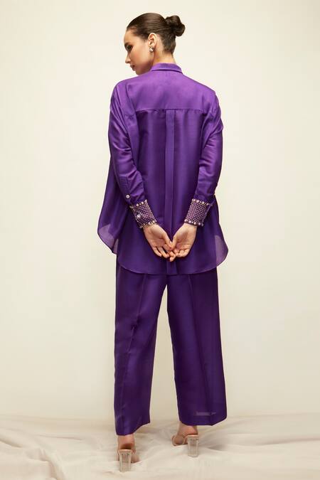 Shop_Ranian_Purple , Satin Pearls Shawl Neck Asymmetric Shirt And Pant Set _at_Aza_Fashions