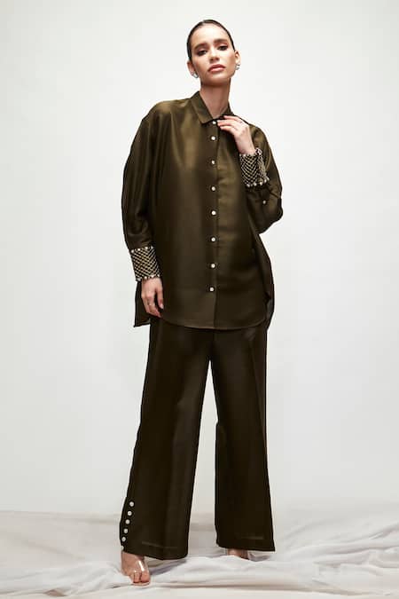 Ranian_Green Silk Pearls Shawl Neck Embroidered Cuffs Shirt And Pant Set _Online_at_Aza_Fashions