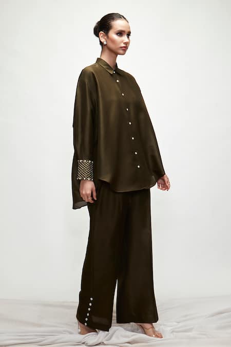 Buy_Ranian_Green Silk Pearls Shawl Neck Embroidered Cuffs Shirt And Pant Set _Online_at_Aza_Fashions