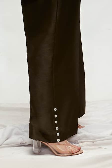 Shop_Ranian_Green Silk Pearls Shawl Neck Embroidered Cuffs Shirt And Pant Set _Online_at_Aza_Fashions