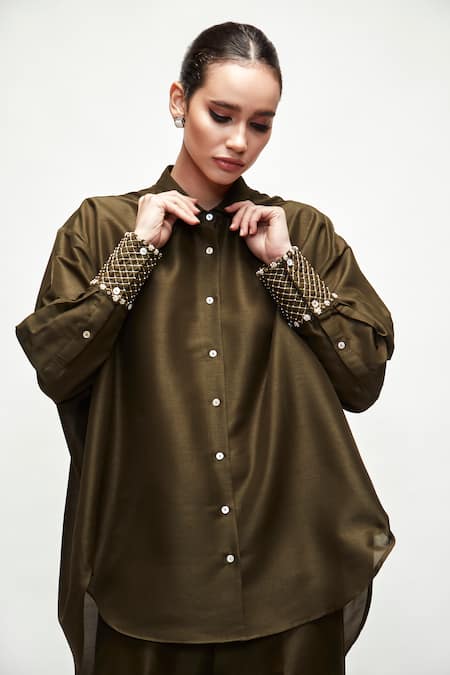 Ranian_Green Silk Pearls Shawl Neck Embroidered Cuffs Shirt And Pant Set _at_Aza_Fashions