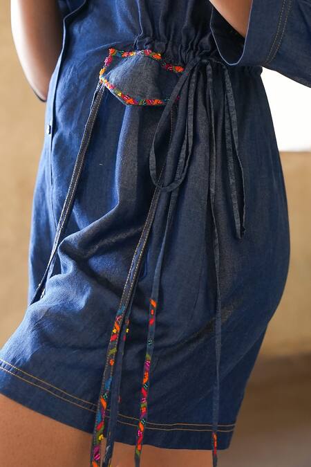 Shop_Style Junkiie_Blue Tencel Sequins Shawl Neck Embellished Side Flap Pocket Romper _Online_at_Aza_Fashions