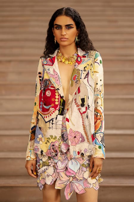 Shop AK-OK Multi Color Cotton Sequins Abstract Print Blazer Online at Aza Fashions Shop_AK-OK_Multi Color Cotton Sequins Abstract Print Blazer _Online_at_Aza_Fashions