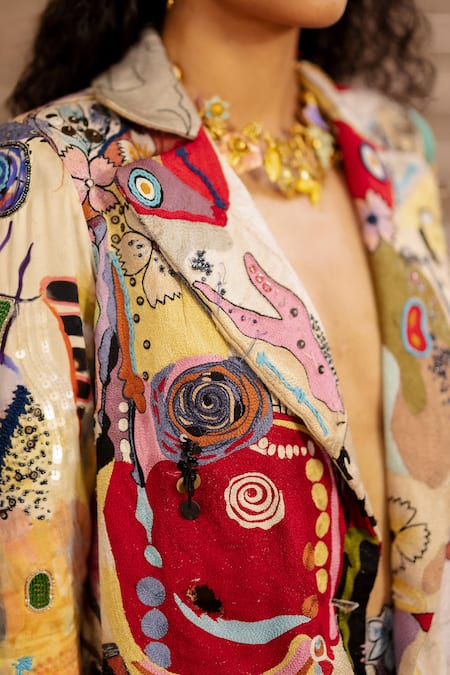 AK-OK Multi Color Cotton Sequins Abstract Print Blazer at Aza Fashions AK-OK_Multi Color Cotton Sequins Abstract Print Blazer _at_Aza_Fashions