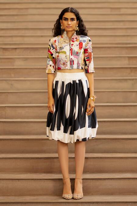 AK-OK Multi Color Cotton High Neck Abstract Print Crop Jacket Online at Aza Fashions AK-OK_Multi Color Cotton High Neck Abstract Print Crop Jacket _Online_at_Aza_Fashions