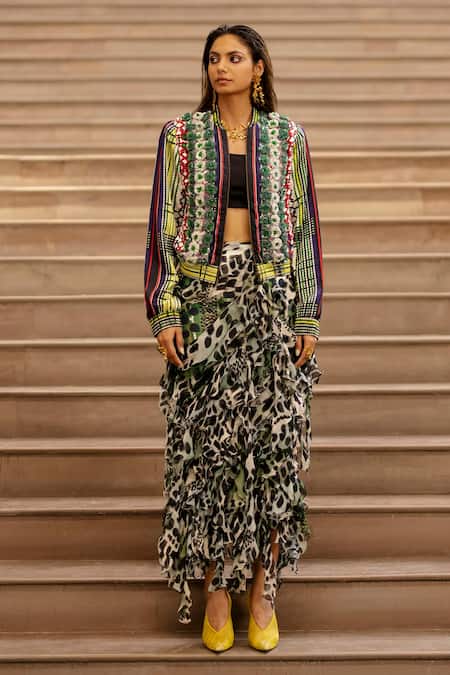 AK-OK Multi Color Silk Sequins, Embroidery 3d Floral Embellished Bomber Jacket Online at Aza Fashions AK-OK_Multi Color Silk Sequins, Embroidery 3d Floral Embellished Bomber Jacket _Online_at_Aza_Fashions