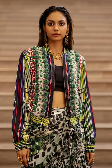 Buy AK-OK Multi Color Silk Sequins, Embroidery 3d Floral Embellished Bomber Jacket Online at Aza Fashions Buy_AK-OK_Multi Color Silk Sequins, Embroidery 3d Floral Embellished Bomber Jacket _Online_at_Aza_Fashions