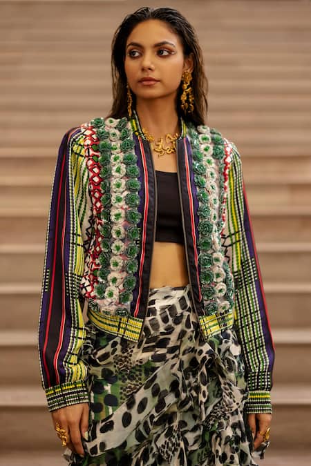 Shop AK-OK Multi Color Silk Sequins, Embroidery 3d Floral Embellished Bomber Jacket Online at Aza Fashions Shop_AK-OK_Multi Color Silk Sequins, Embroidery 3d Floral Embellished Bomber Jacket _Online_at_Aza_Fashions