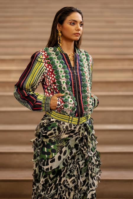 AK-OK Multi Color Silk Sequins, Embroidery 3d Floral Embellished Bomber Jacket at Aza Fashions AK-OK_Multi Color Silk Sequins, Embroidery 3d Floral Embellished Bomber Jacket _at_Aza_Fashions