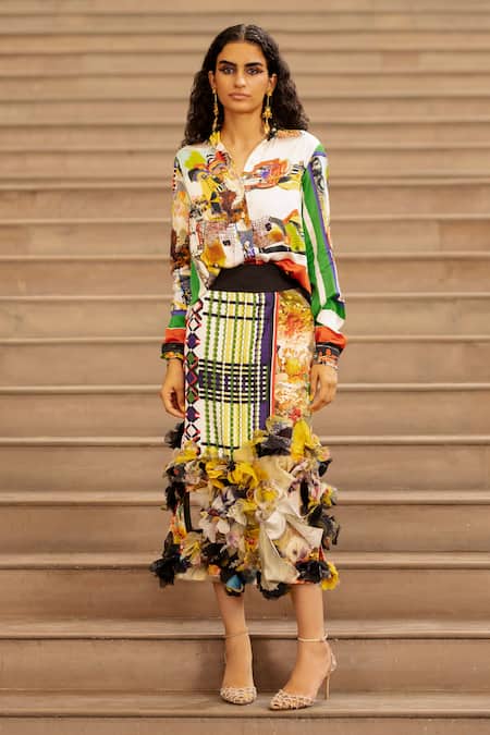 AK-OK Multi Color Silk Embroidery, Applique Abstract Print Shirt With Floral Skirt Online at Aza Fashions AK-OK_Multi Color Silk Embroidery, Applique Abstract Print Shirt With Floral Skirt _Online_at_Aza_Fashions