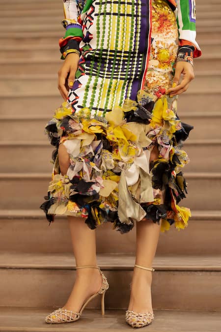 Shop AK-OK Multi Color Silk Embroidery, Applique Abstract Print Shirt With Floral Skirt Online at Aza Fashions Shop_AK-OK_Multi Color Silk Embroidery, Applique Abstract Print Shirt With Floral Skirt _Online_at_Aza_Fashions