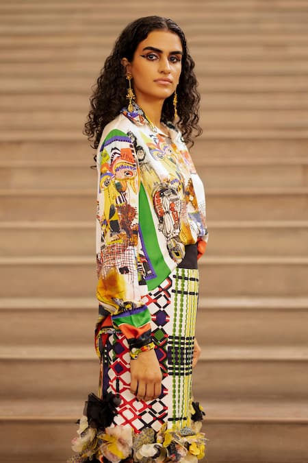 AK-OK Multi Color Silk Embroidery, Applique Abstract Print Shirt With Floral Skirt at Aza Fashions AK-OK_Multi Color Silk Embroidery, Applique Abstract Print Shirt With Floral Skirt _at_Aza_Fashions