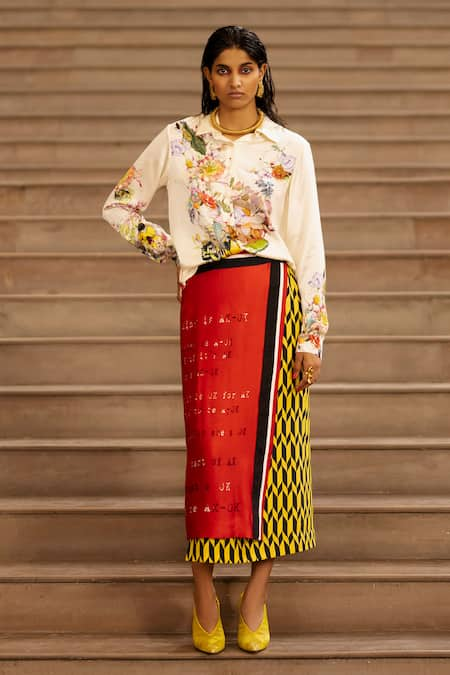 AK-OK Silk Calligraphy Panelled Wrap Skirt With Shirt 