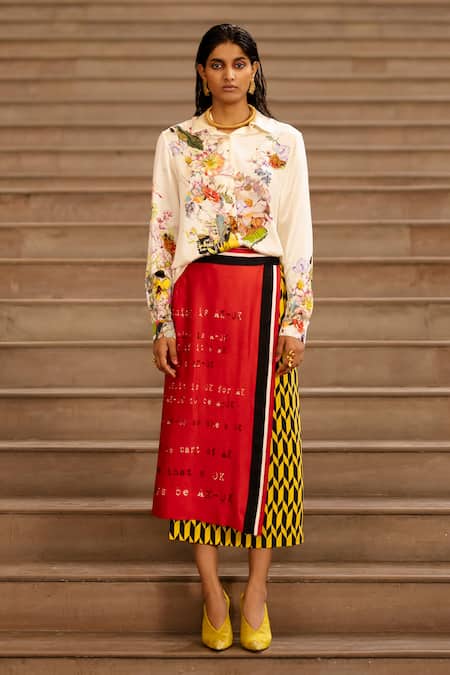 AK-OK Red Silk Embroidery Collared Calligraphy Panelled Wrap Skirt With Shirt Online at Aza Fashions AK-OK_Red Silk Embroidery Collared Calligraphy Panelled Wrap Skirt With Shirt _Online_at_Aza_Fashions