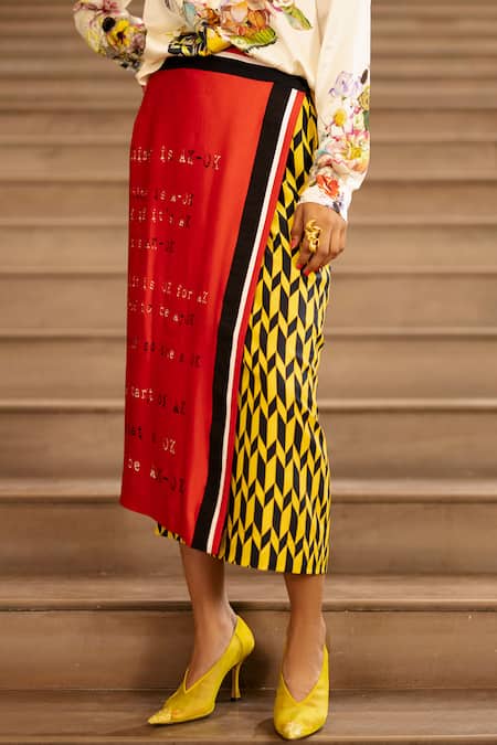 Buy AK-OK Red Silk Embroidery Collared Calligraphy Panelled Wrap Skirt With Shirt Online at Aza Fashions Buy_AK-OK_Red Silk Embroidery Collared Calligraphy Panelled Wrap Skirt With Shirt _Online_at_Aza_Fashions