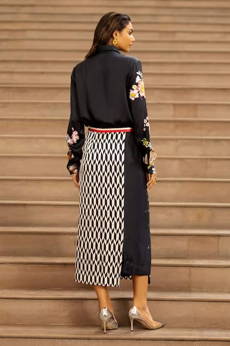 Shop AK-OK Black Silk Embroidery Calligraphy Wrap Skirt With Shirt at Aza Fashions Shop_AK-OK_Black Silk Embroidery Calligraphy Wrap Skirt With Shirt _at_Aza_Fashions