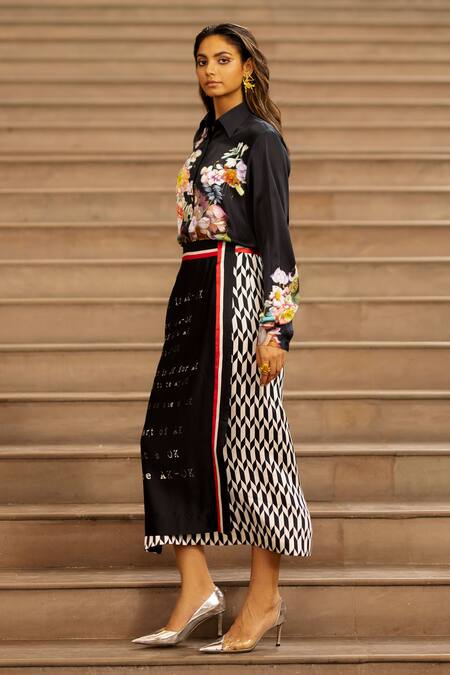 AK-OK Black Silk Embroidery Calligraphy Wrap Skirt With Shirt Online at Aza Fashions AK-OK_Black Silk Embroidery Calligraphy Wrap Skirt With Shirt _Online_at_Aza_Fashions