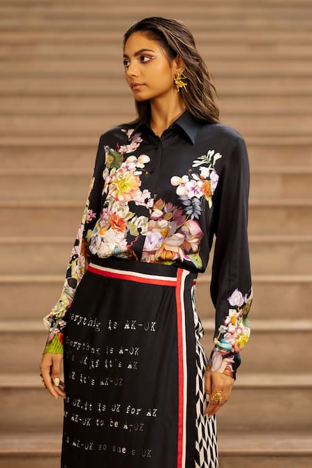 Buy AK-OK Black Silk Embroidery Calligraphy Wrap Skirt With Shirt Online at Aza Fashions Buy_AK-OK_Black Silk Embroidery Calligraphy Wrap Skirt With Shirt _Online_at_Aza_Fashions