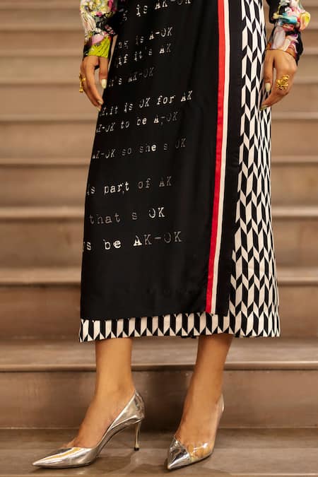 Shop AK-OK Black Silk Embroidery Calligraphy Wrap Skirt With Shirt Online at Aza Fashions Shop_AK-OK_Black Silk Embroidery Calligraphy Wrap Skirt With Shirt _Online_at_Aza_Fashions