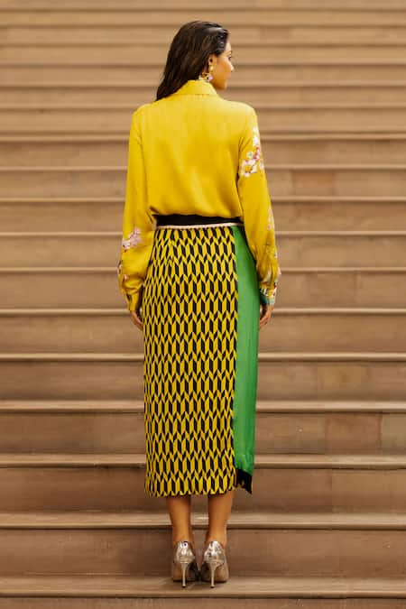 Shop AK-OK Yellow Silk Embroidery Shawl Neck Wrap Skirt With Shirt at Aza Fashions Shop_AK-OK_Yellow Silk Embroidery Shawl Neck Wrap Skirt With Shirt _at_Aza_Fashions