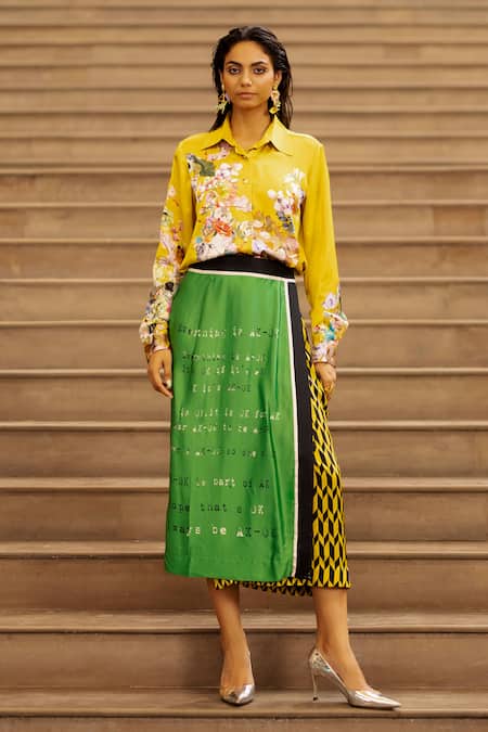 AK-OK Yellow Silk Embroidery Shawl Neck Wrap Skirt With Shirt Online at Aza Fashions AK-OK_Yellow Silk Embroidery Shawl Neck Wrap Skirt With Shirt _Online_at_Aza_Fashions