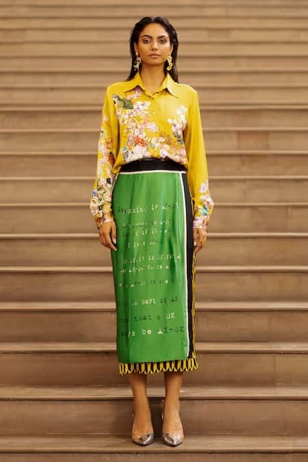 Buy AK-OK Yellow Silk Embroidery Shawl Neck Wrap Skirt With Shirt Online at Aza Fashions Buy_AK-OK_Yellow Silk Embroidery Shawl Neck Wrap Skirt With Shirt _Online_at_Aza_Fashions