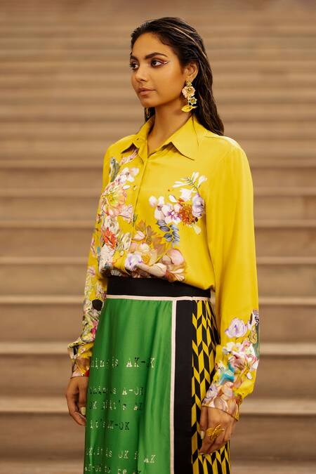 AK-OK Yellow Silk Embroidery Shawl Neck Wrap Skirt With Shirt at Aza Fashions AK-OK_Yellow Silk Embroidery Shawl Neck Wrap Skirt With Shirt _at_Aza_Fashions
