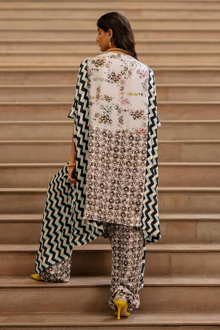 Shop AK-OK Blue Silk Embroidery Chevron Print Cape With Trouser at Aza Fashions Shop_AK-OK_Blue Silk Embroidery Chevron Print Cape With Trouser _at_Aza_Fashions