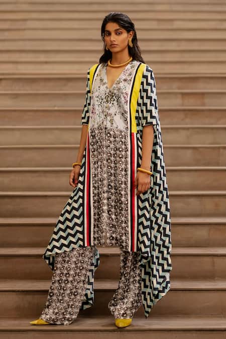 AK-OK Blue Silk Embroidery Chevron Print Cape With Trouser Online at Aza Fashions AK-OK_Blue Silk Embroidery Chevron Print Cape With Trouser _Online_at_Aza_Fashions
