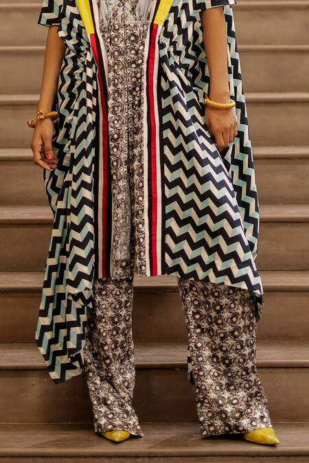 Buy AK-OK Blue Silk Embroidery Chevron Print Cape With Trouser Online at Aza Fashions Buy_AK-OK_Blue Silk Embroidery Chevron Print Cape With Trouser _Online_at_Aza_Fashions