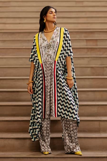 Shop AK-OK Blue Silk Embroidery Chevron Print Cape With Trouser Online at Aza Fashions Shop_AK-OK_Blue Silk Embroidery Chevron Print Cape With Trouser _Online_at_Aza_Fashions
