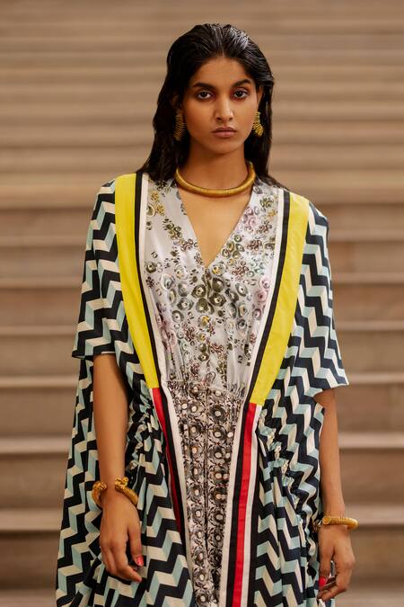 AK-OK Blue Silk Embroidery Chevron Print Cape With Trouser at Aza Fashions AK-OK_Blue Silk Embroidery Chevron Print Cape With Trouser _at_Aza_Fashions