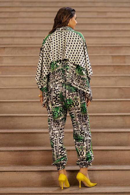 Shop AK-OK Green Silk Asymmetric Geometric Print Draped Jacket With Jogger at Aza Fashions Shop_AK-OK_Green Silk Asymmetric Geometric Print Draped Jacket With Jogger _at_Aza_Fashions