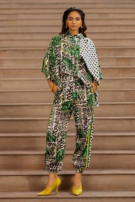 AK-OK Green Silk Asymmetric Geometric Print Draped Jacket With Jogger Online at Aza Fashions AK-OK_Green Silk Asymmetric Geometric Print Draped Jacket With Jogger _Online_at_Aza_Fashions