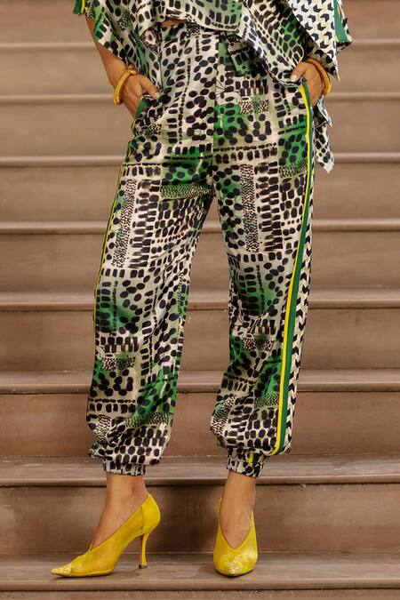 Buy AK-OK Green Silk Asymmetric Geometric Print Draped Jacket With Jogger Online at Aza Fashions Buy_AK-OK_Green Silk Asymmetric Geometric Print Draped Jacket With Jogger _Online_at_Aza_Fashions